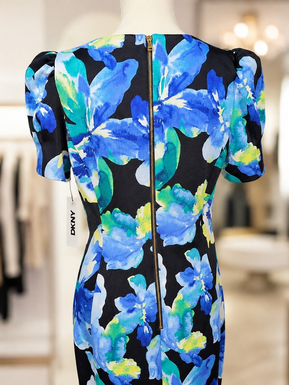 NWT DKNY Blue Floral Puff Sleeve Sheath Dress Size 12 - Picture 6 of 8